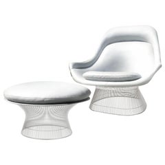 Warren Platner Grauer Ledersessel 1705 Easy Chair und Ottomane, Zweier-Set, Knoll, 1966