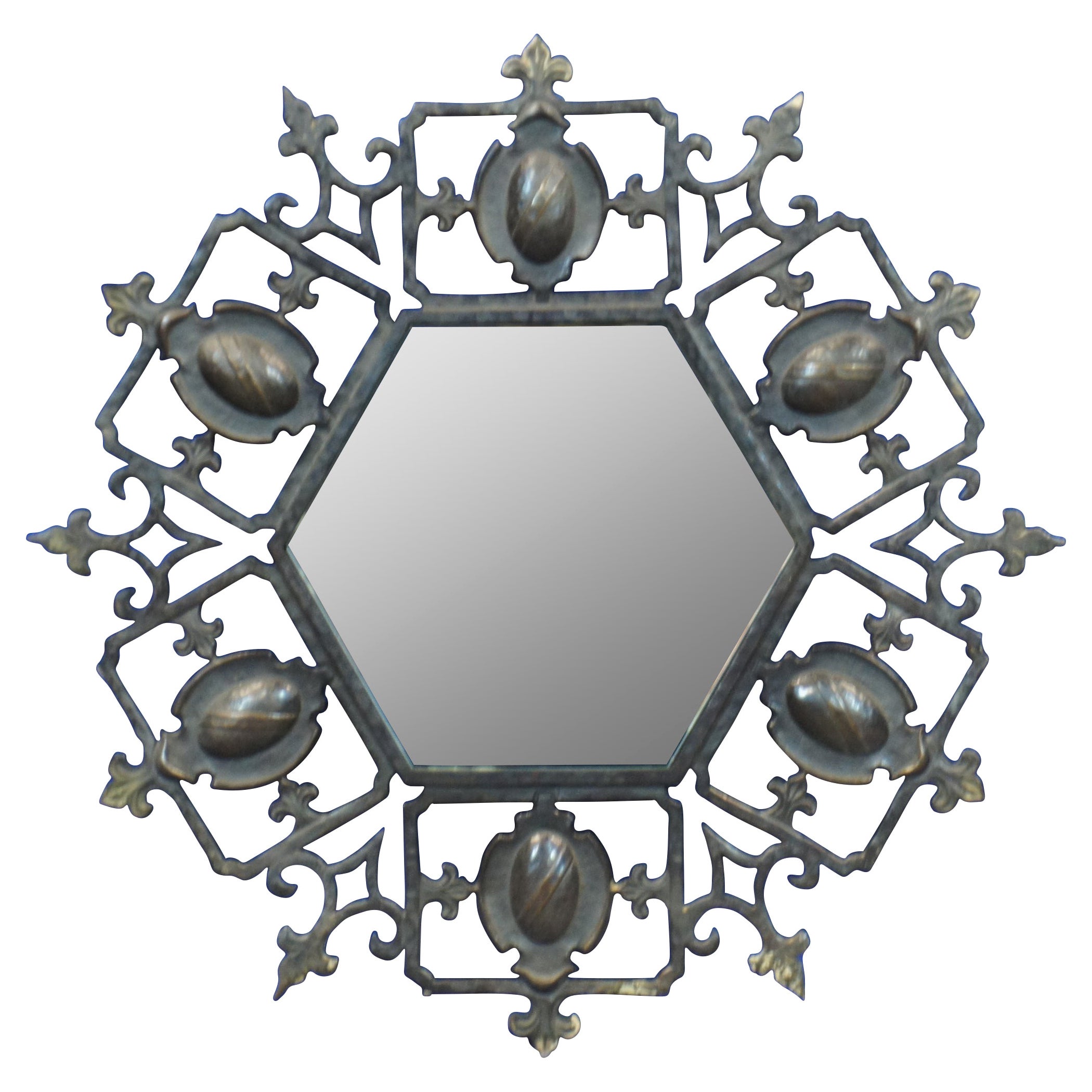 Mid Century Wrought Iron Spanish Revival Fleur de Lis Wall Vanity Mirror