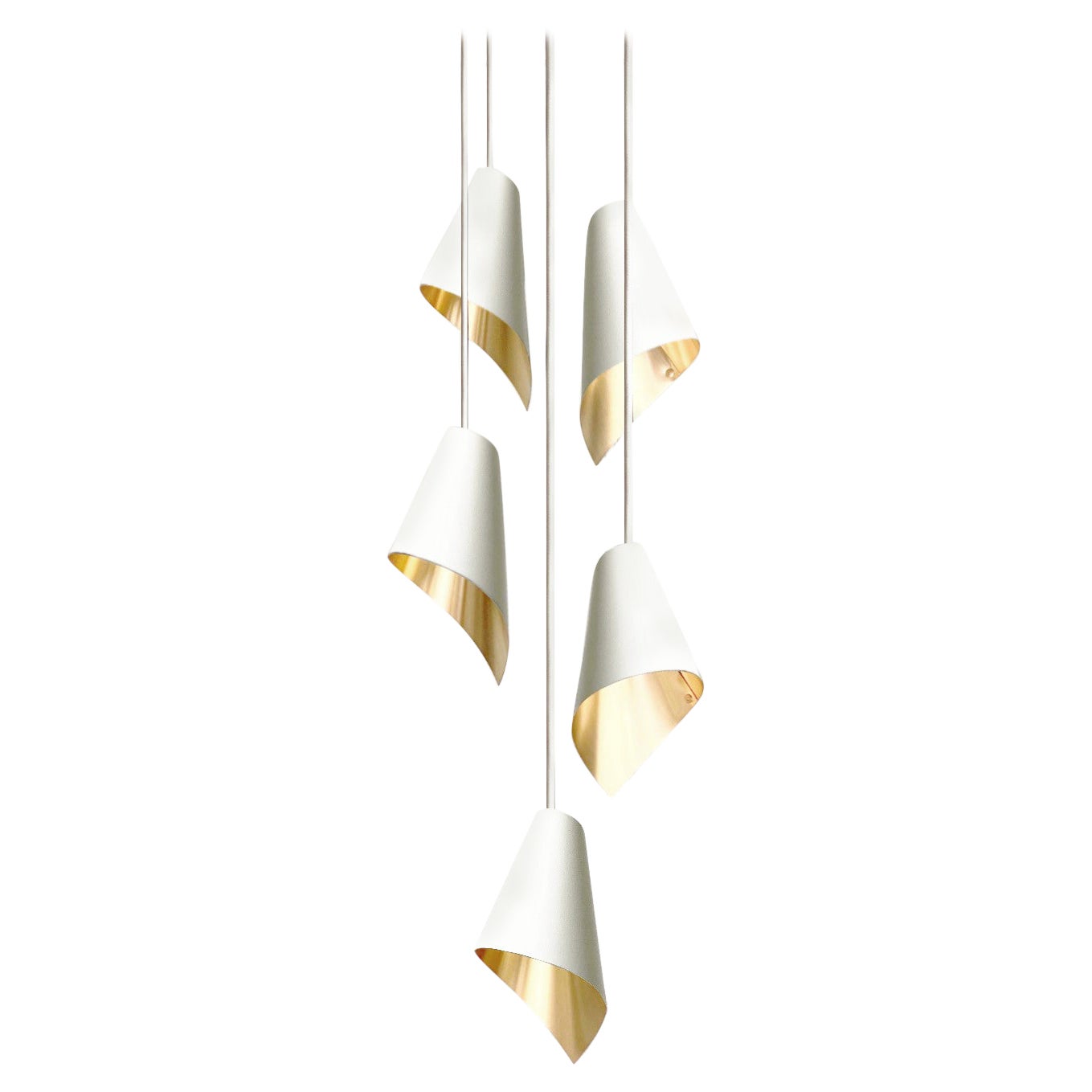 ARC 5 Modern Pendant Light Cascade in White and Brushed Brass, Made in Britain For Sale