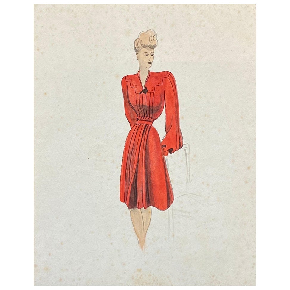 1940's Fashion Illustration, the Lady in the Red Dress