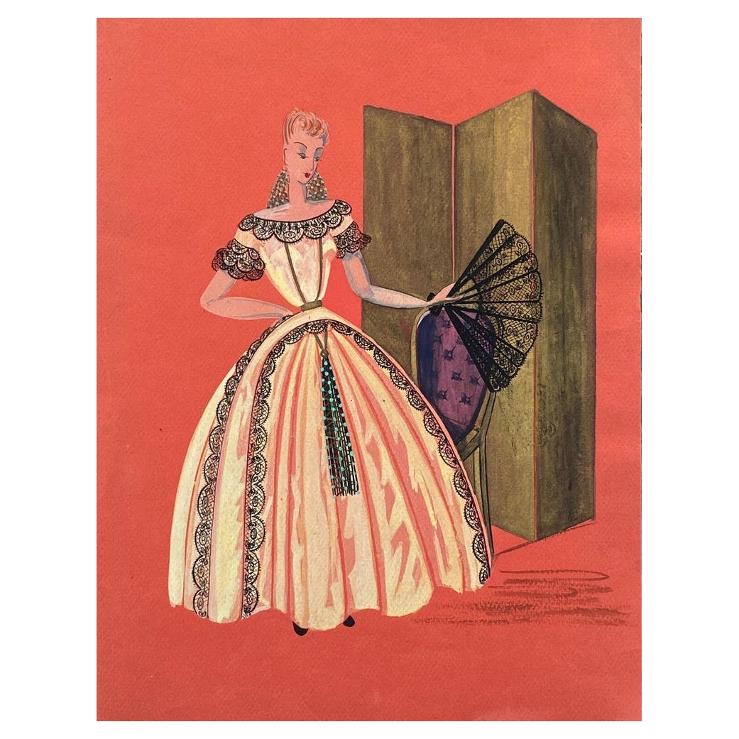 1940's Fashion Illustration, Lady In Bridgerton Style Ball Dress With Fan For Sale