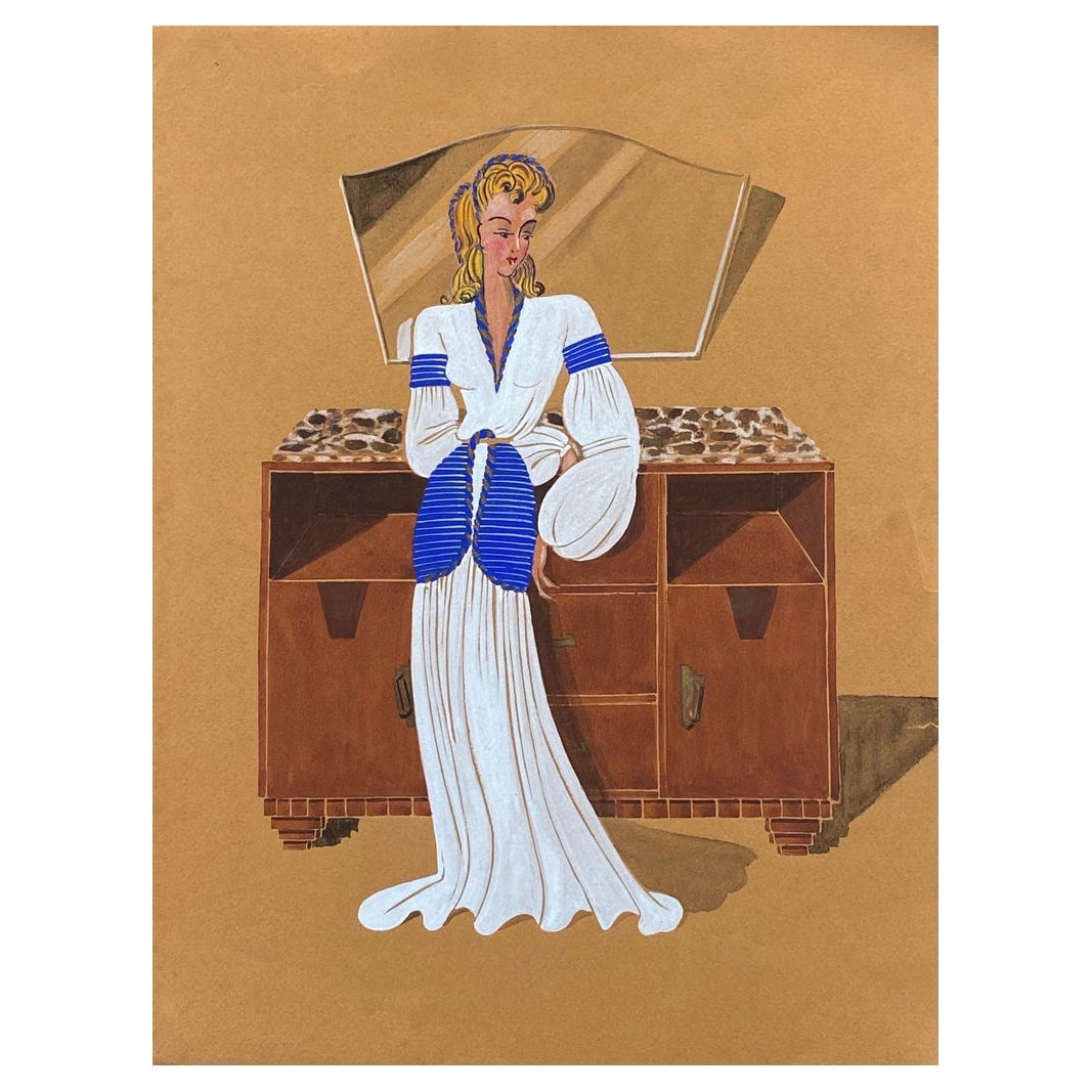 1940's Fashion Illustration - Stylish Blonde Lady in White Dress For Sale