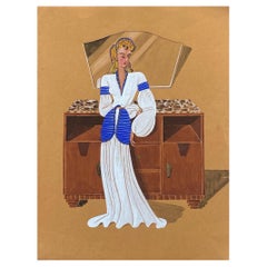 Ilustración de moda de los años 40 - Elegante dama rubia con vestido blanco