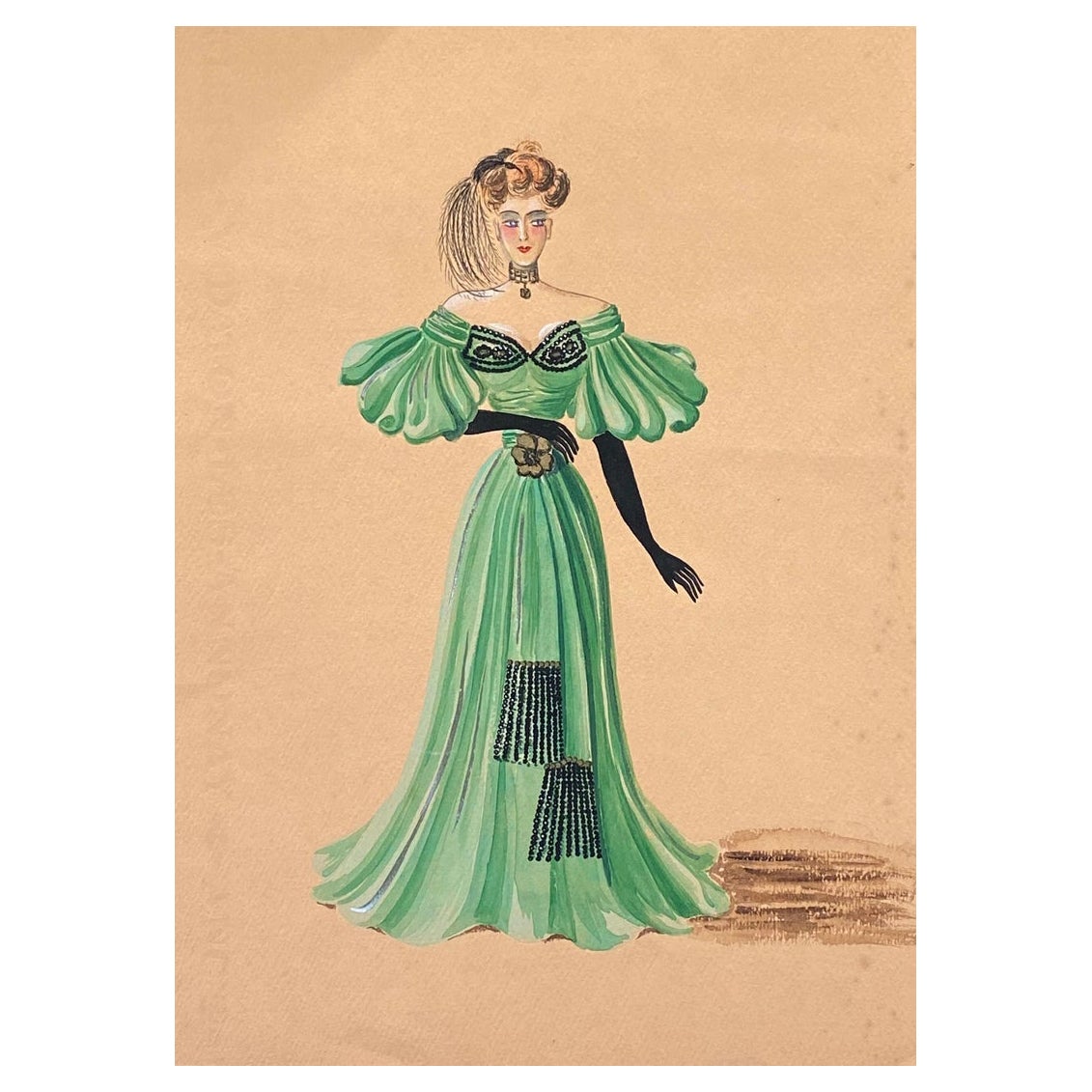 1940's Fashion Illustration - Lady in Dashing Green Ball Dress For Sale