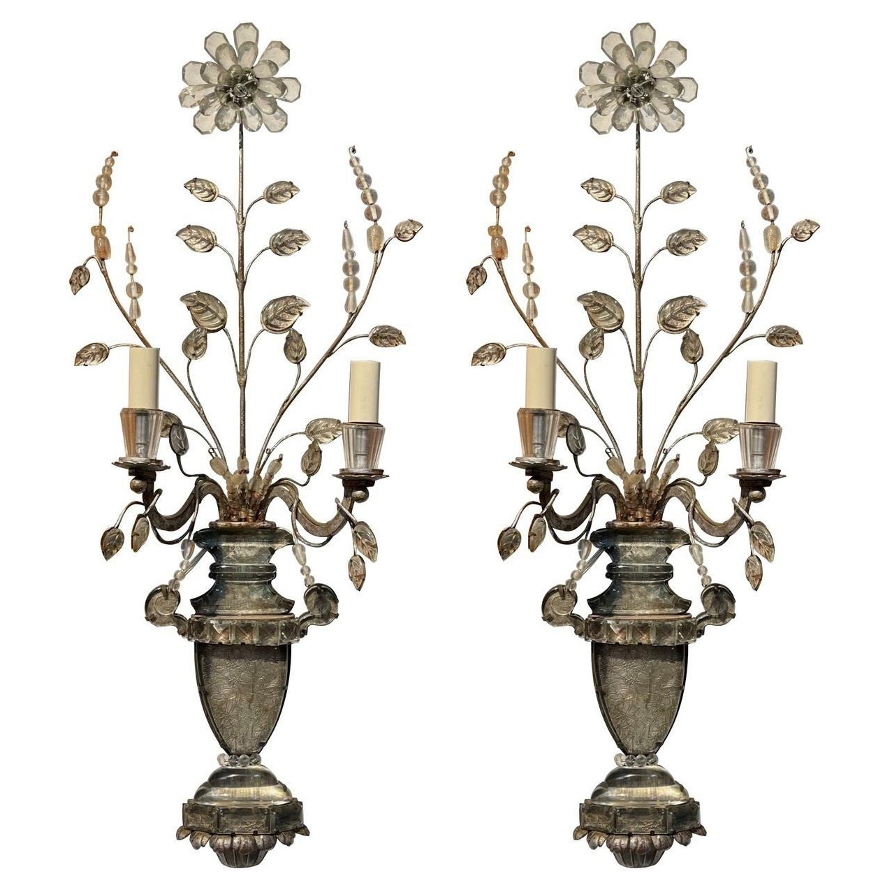 Vintage Pair of French Bagues Crystal and Silver Leaf Sconces For Sale