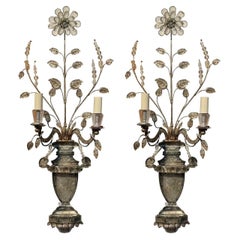Vintage Pair of French Bagues Crystal and Silver Leaf Sconces