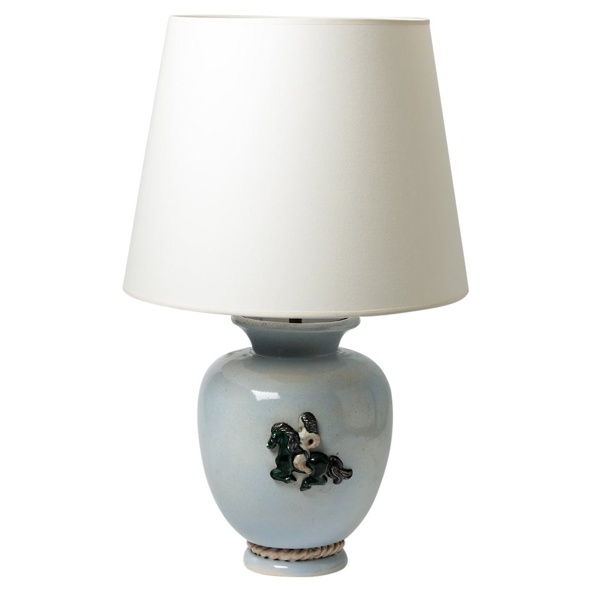 Blue glazed ceramic table lamp by Pol Pouchol, circa 1940-1950