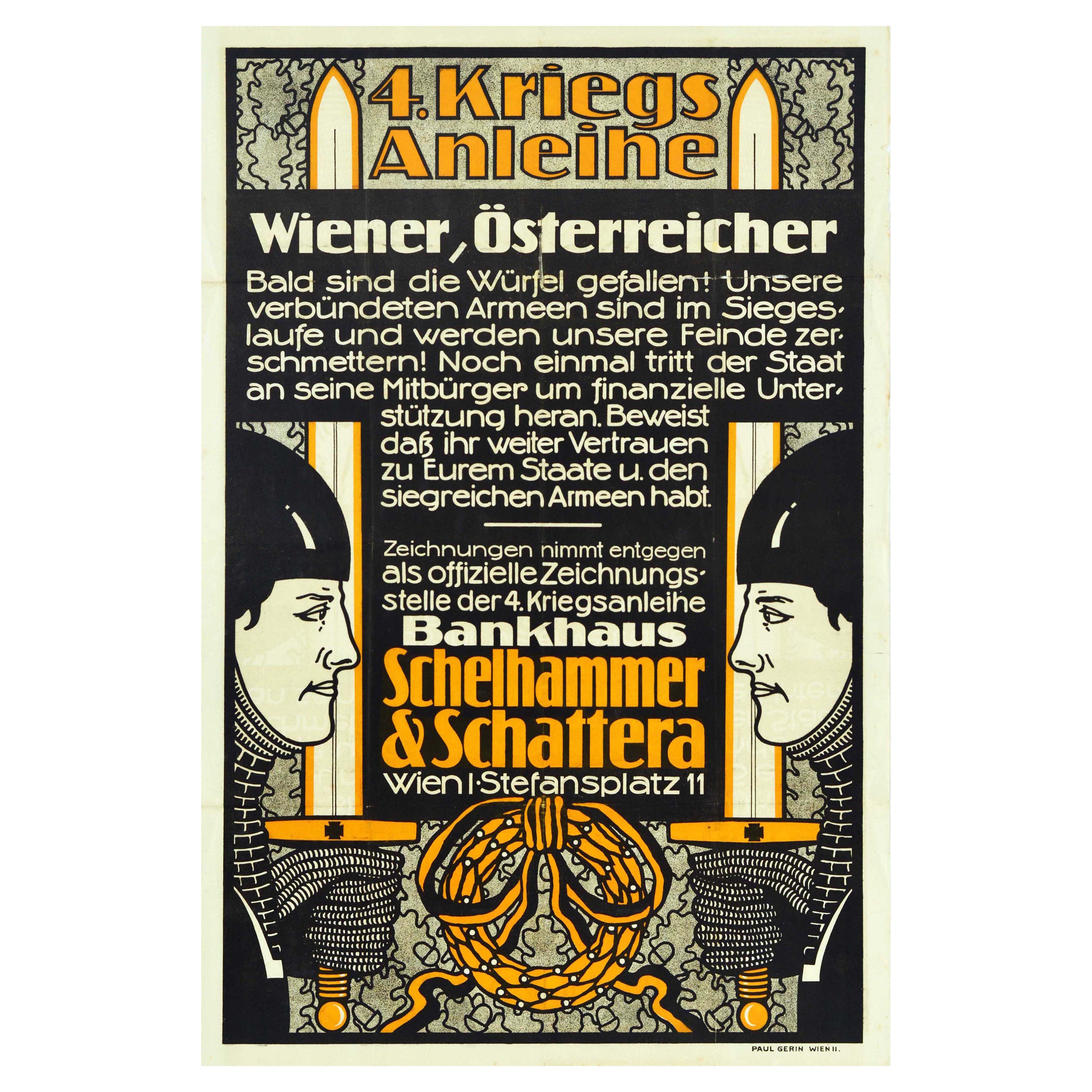 Original Antike WWI Poster Kriegsanleihe Wien Bank Schelhammer Schattera Victory im Angebot
