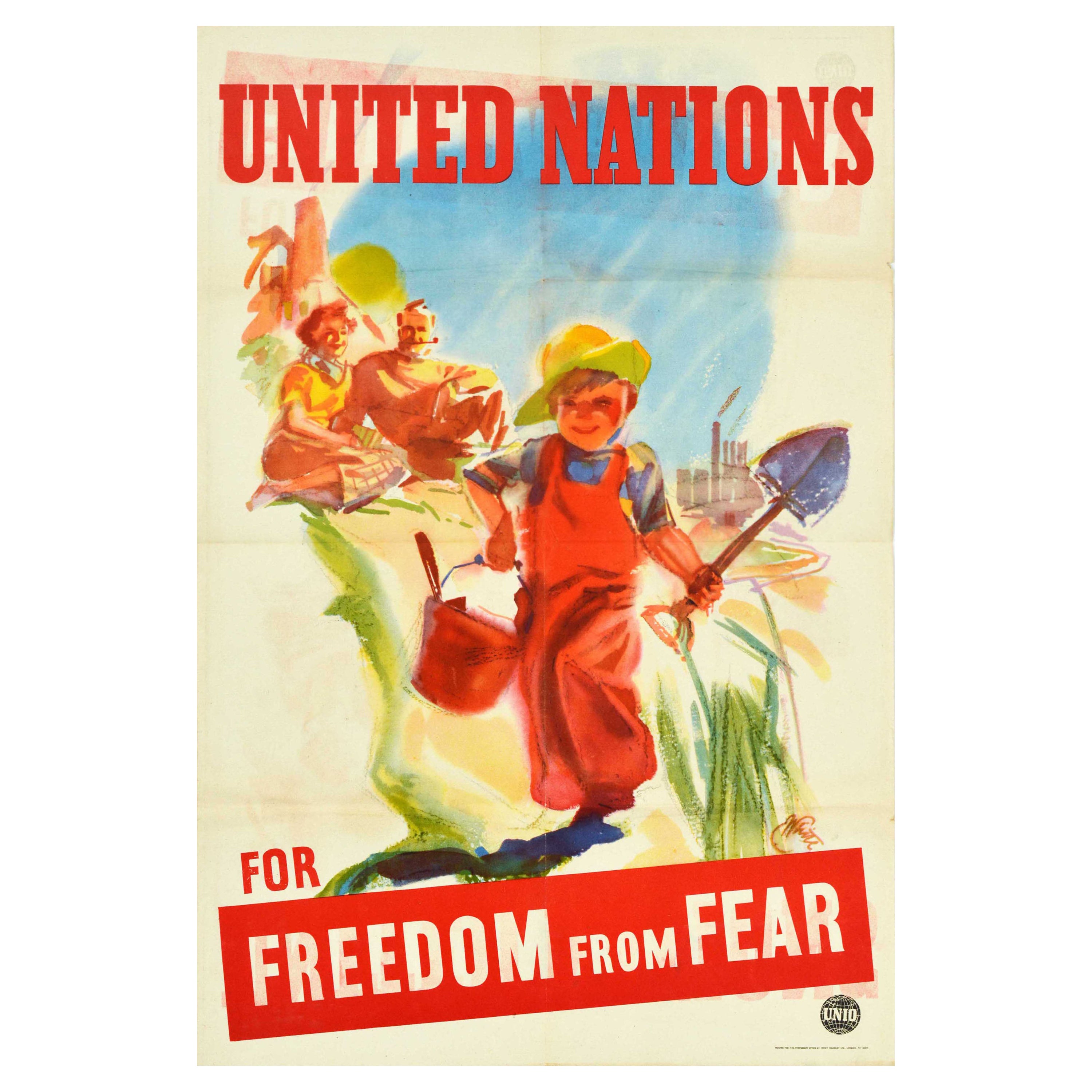 Original Vintage Poster United Nations For Freedom From Fear Seaside Beach Art
