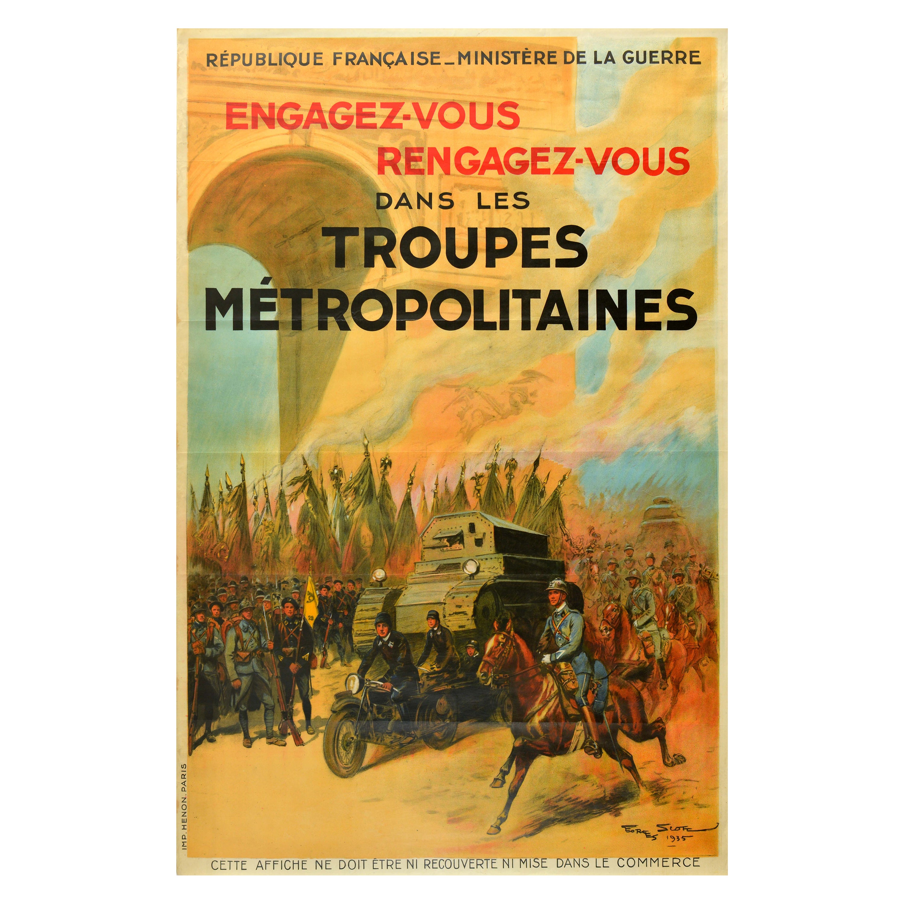 Original Vintage Military Poster Troupes Metropolitaines Cavalry Arc De Triomphe For Sale