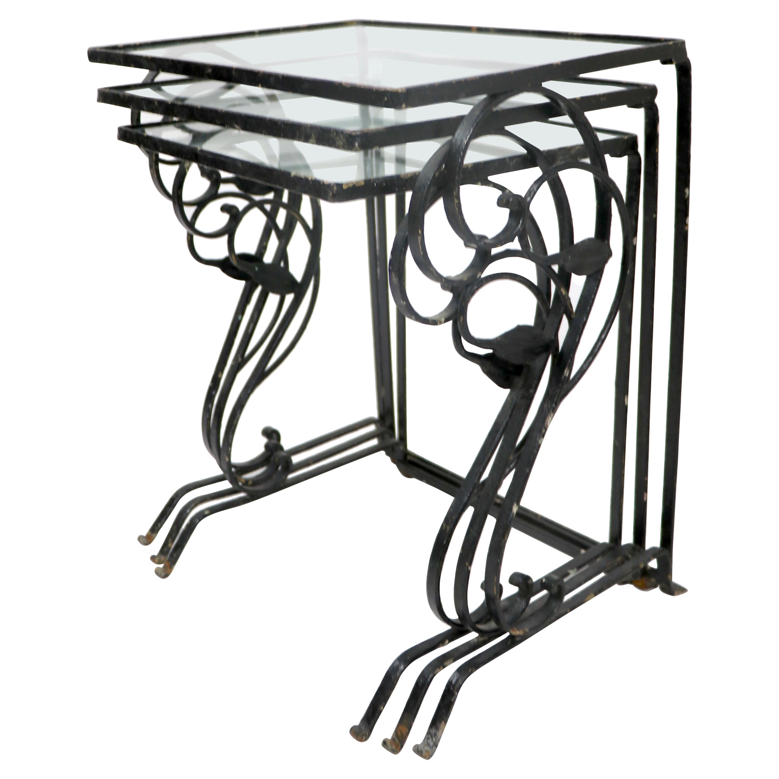 Nesting Garden Patio Poolside Tables of Wrought Iron and Glass att. to Salterini For Sale