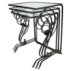 Nesting Garden Patio Poolside Tables of Wrought Iron and Glass att. to Salterini