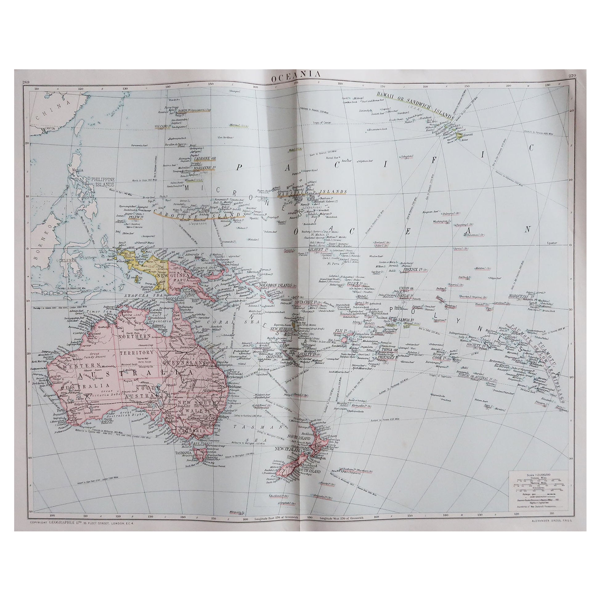 Large Original Vintage Map of The South Pacific, circa 1920 For Sale