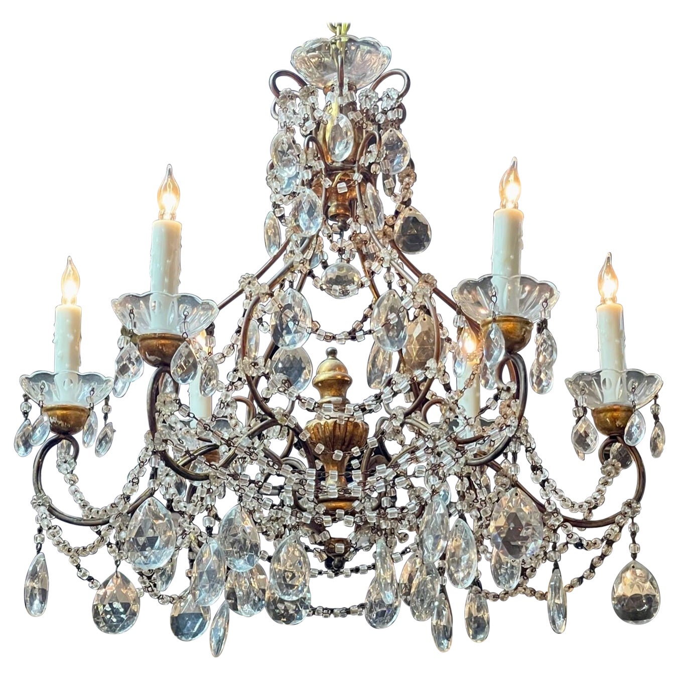 Vintage Italian Beaded Crystal and Giltwood Chandelier For Sale