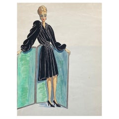 1940's Fashion Illustration, Chanel Styled Woman in Chic Black Dress