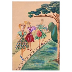Modeillustration der 1940er Jahre, drei elegante Frauen durch den Park