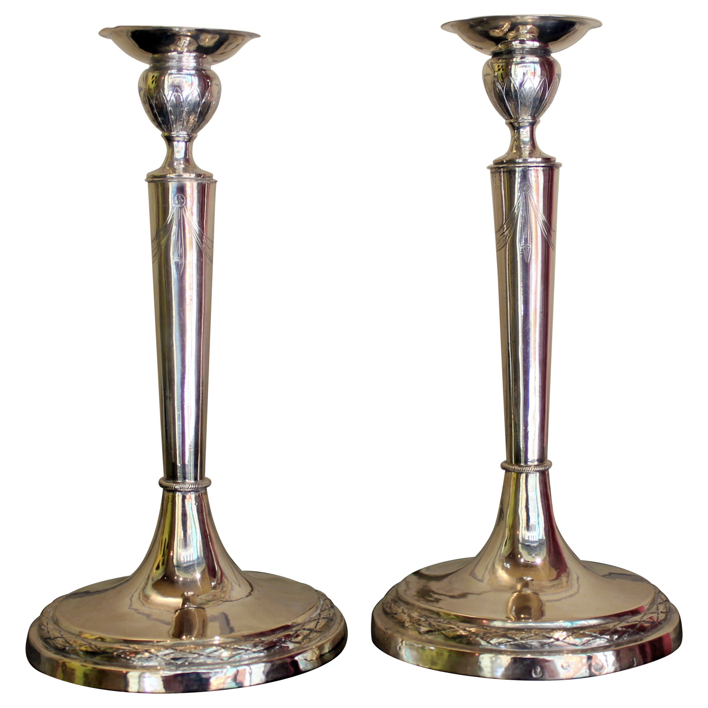 Pair of Italian Empire Early 19th Century Silver Candlesticks, Rome, circa 1811 For Sale