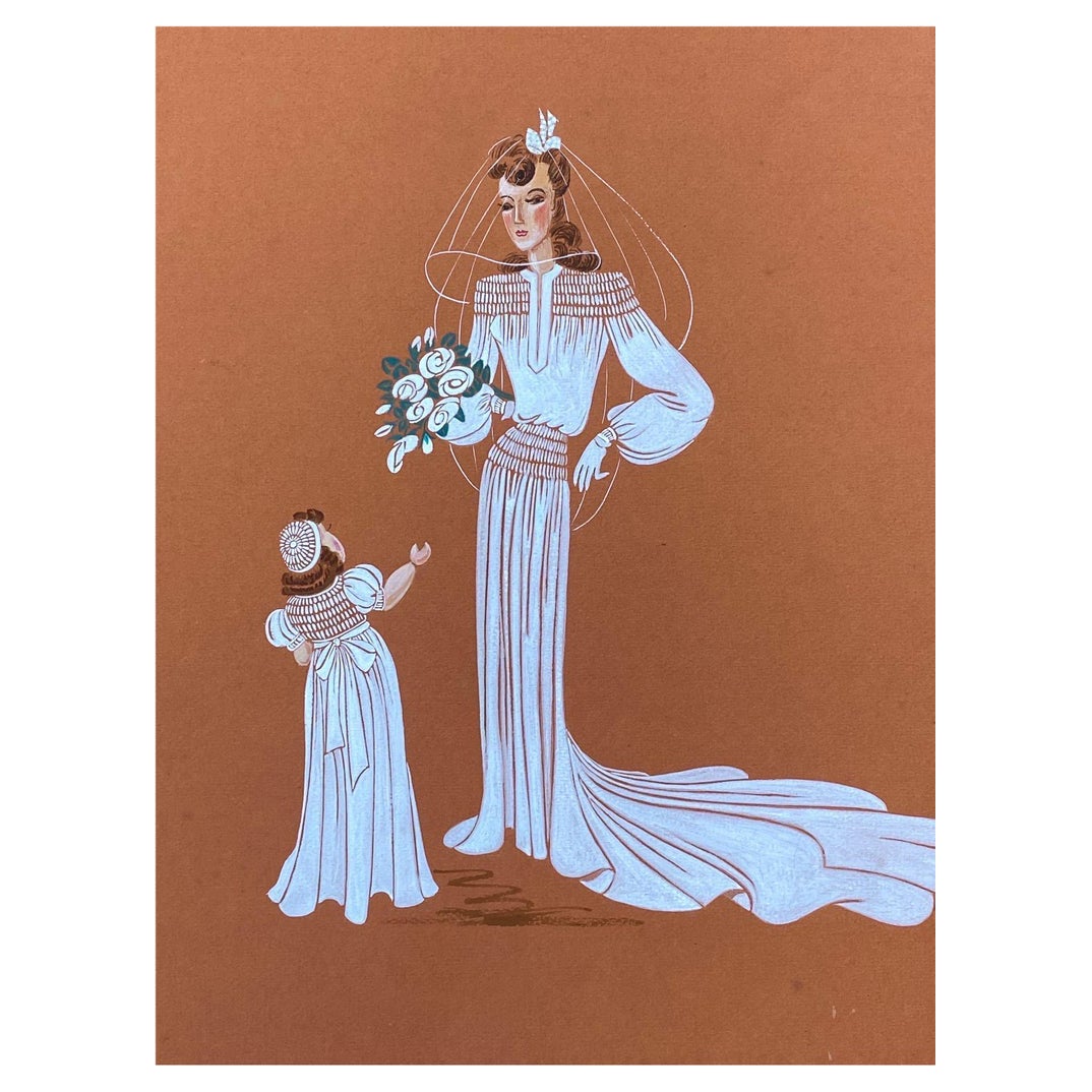 1940's Fashion Illustration - Beautiful Bride & Child Portrait Scene For Sale