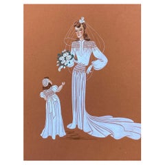 Vintage 1940's Fashion Illustration - Beautiful Bride & Child Portrait Scene