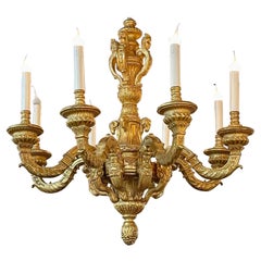 Lustre Italien Vintage à 6 Bras en Bois Sculpté et Doré