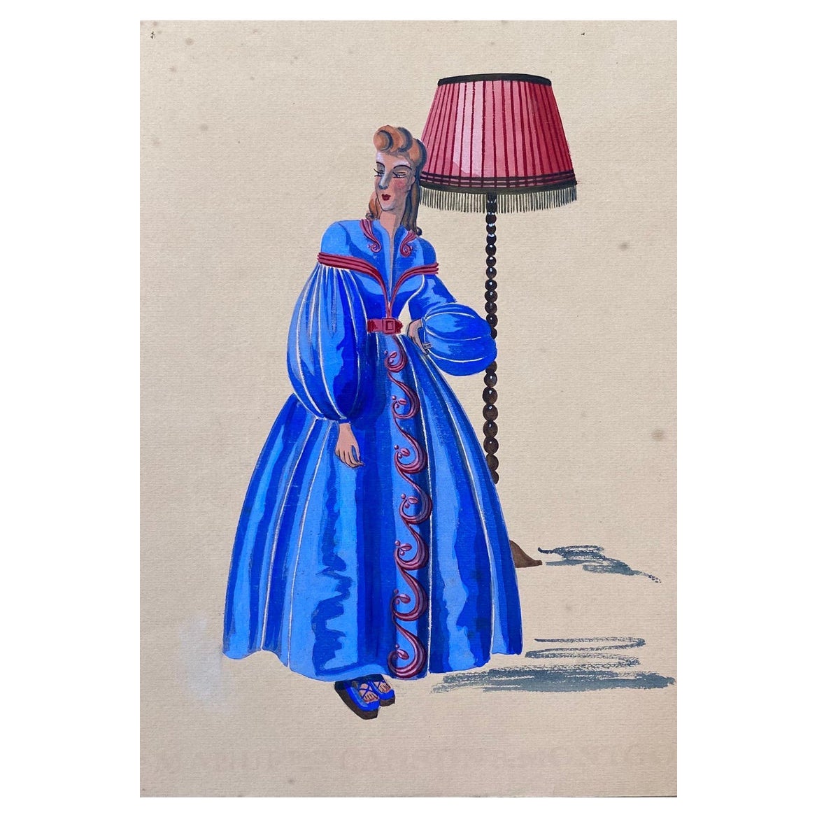 1940's Fashion Illustration, Lady In Bright Blue Puffy Dress, Interior Scene