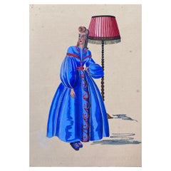 Vintage 1940's Fashion Illustration, Lady In Bright Blue Puffy Dress, Interior Scene