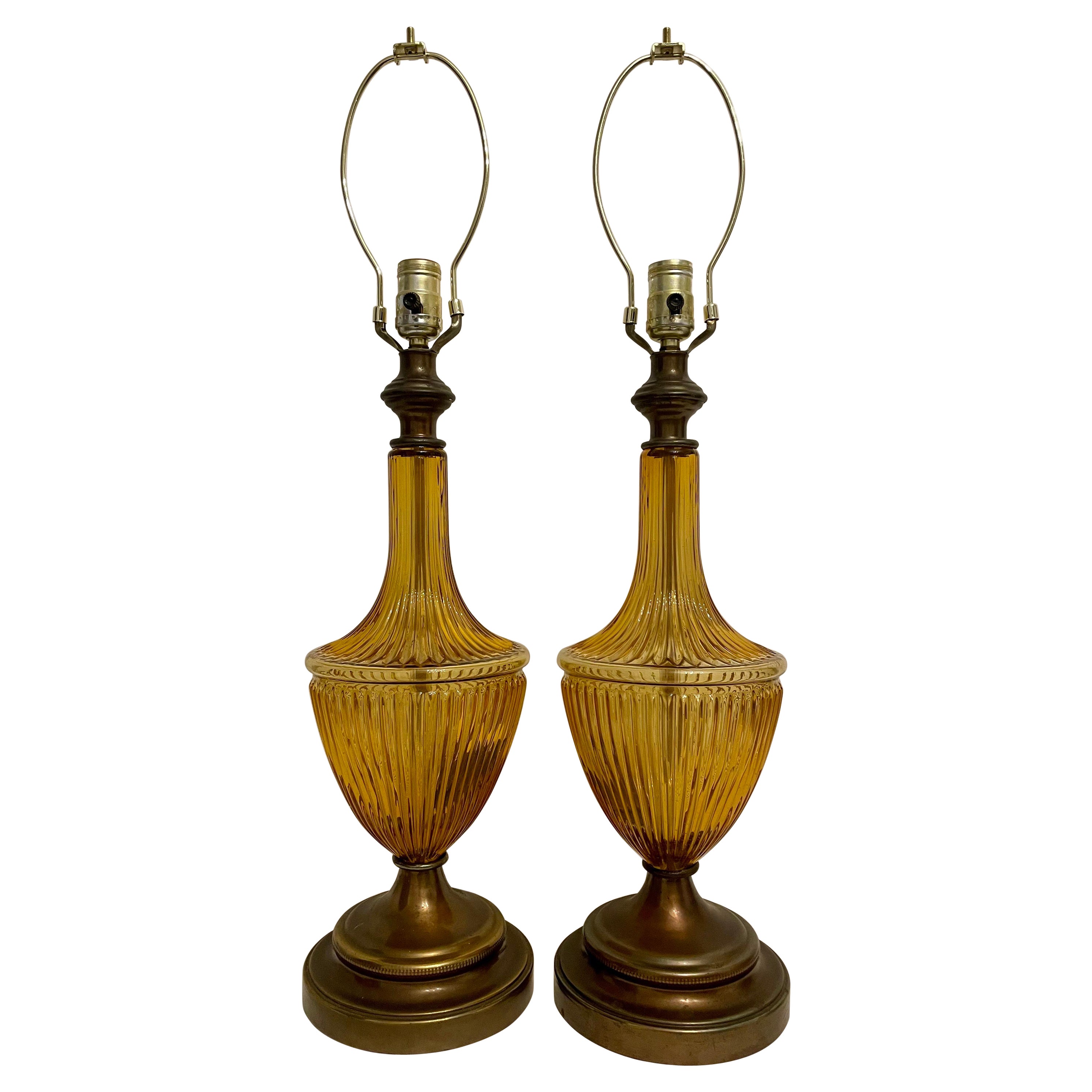 Pair Mid Century Amber Glass Lamps For Sale