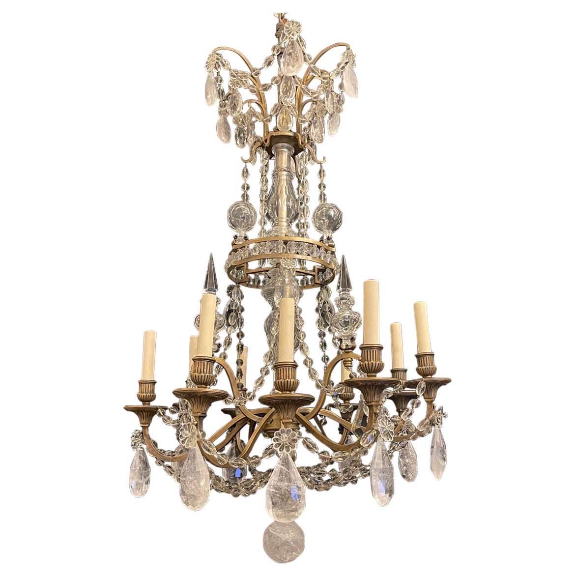 Magnificent Large French Dore Bronze Rock Crystal Louis XVI 9 Light Chandelier
