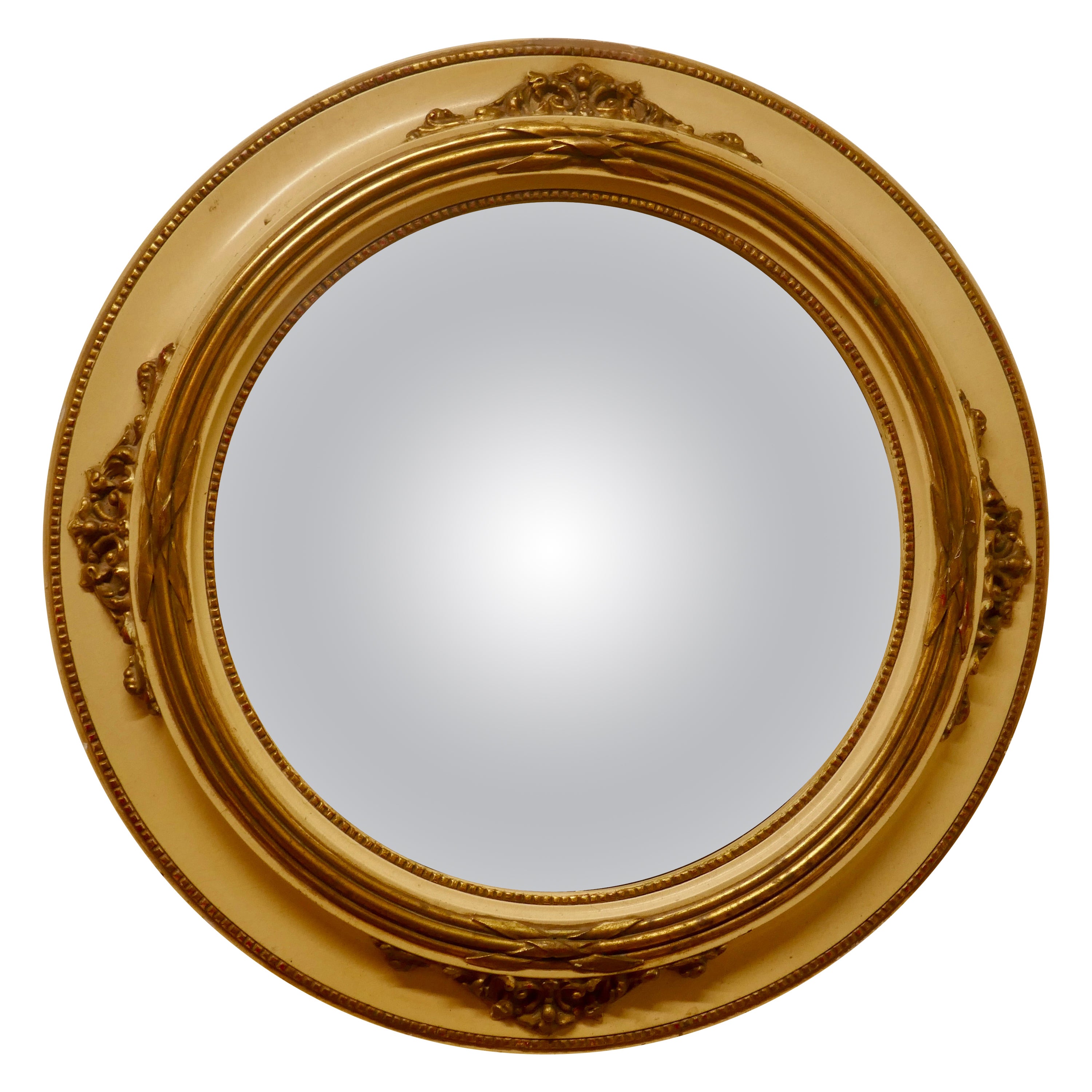 Large Gilt and Cream French Convex Wall Mirror For Sale