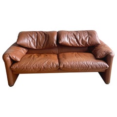 Maralunga Brown Leather Two Seater Sofa by Vico Magistretti, Vintage
