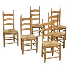Vintage Set of 6 Rustic Country French Rush Seat Dining Chairs