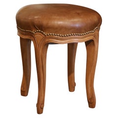 Mid-Century French Carved Walnut and Leather Round Stool