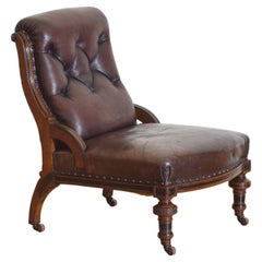 English William IV Period Parcel Ebonized Oak & Leather Library Chair, ca. 1835
