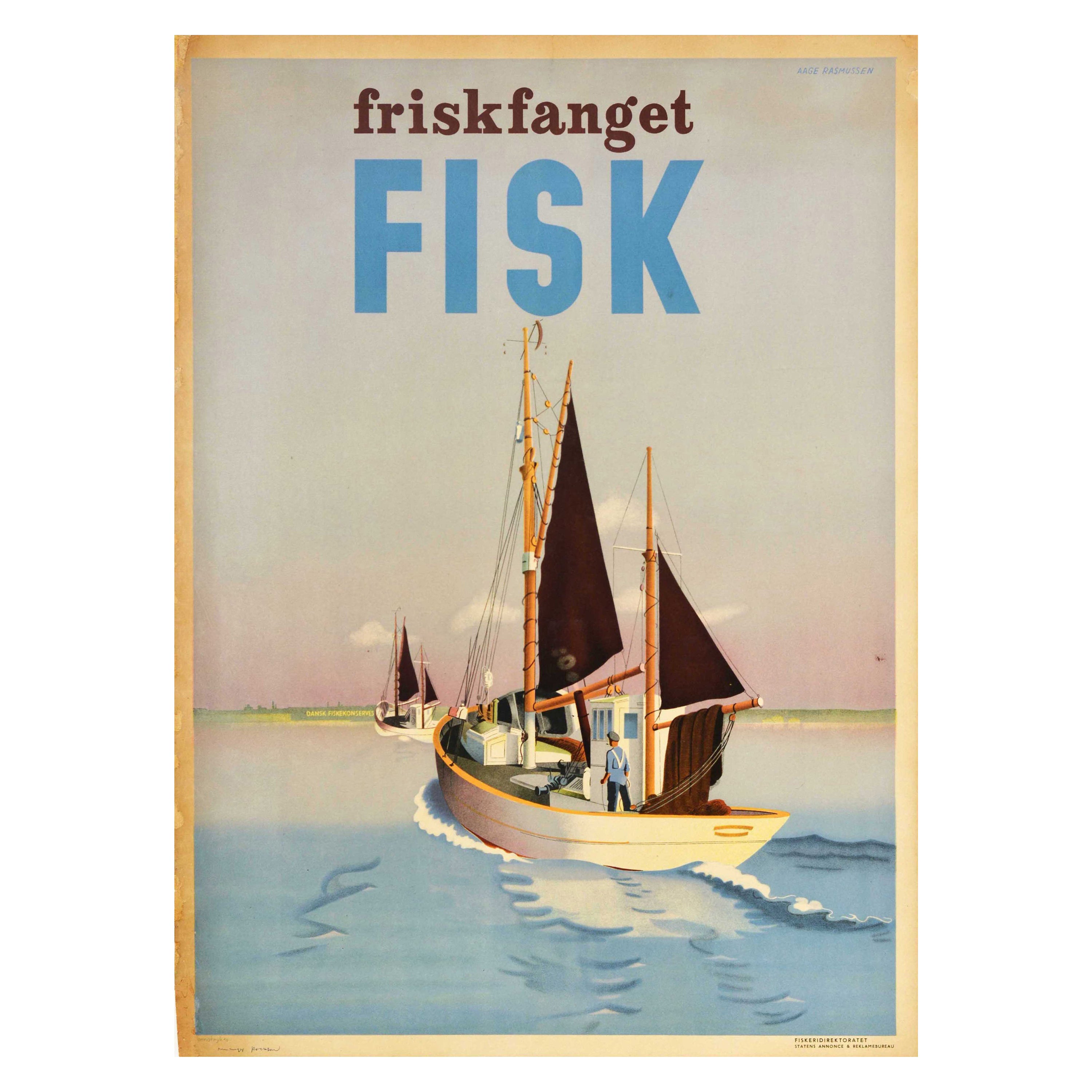 Original Vintage Advertising Poster Friskfanget Fisk Fresh Fish Denmark Boat Art For Sale