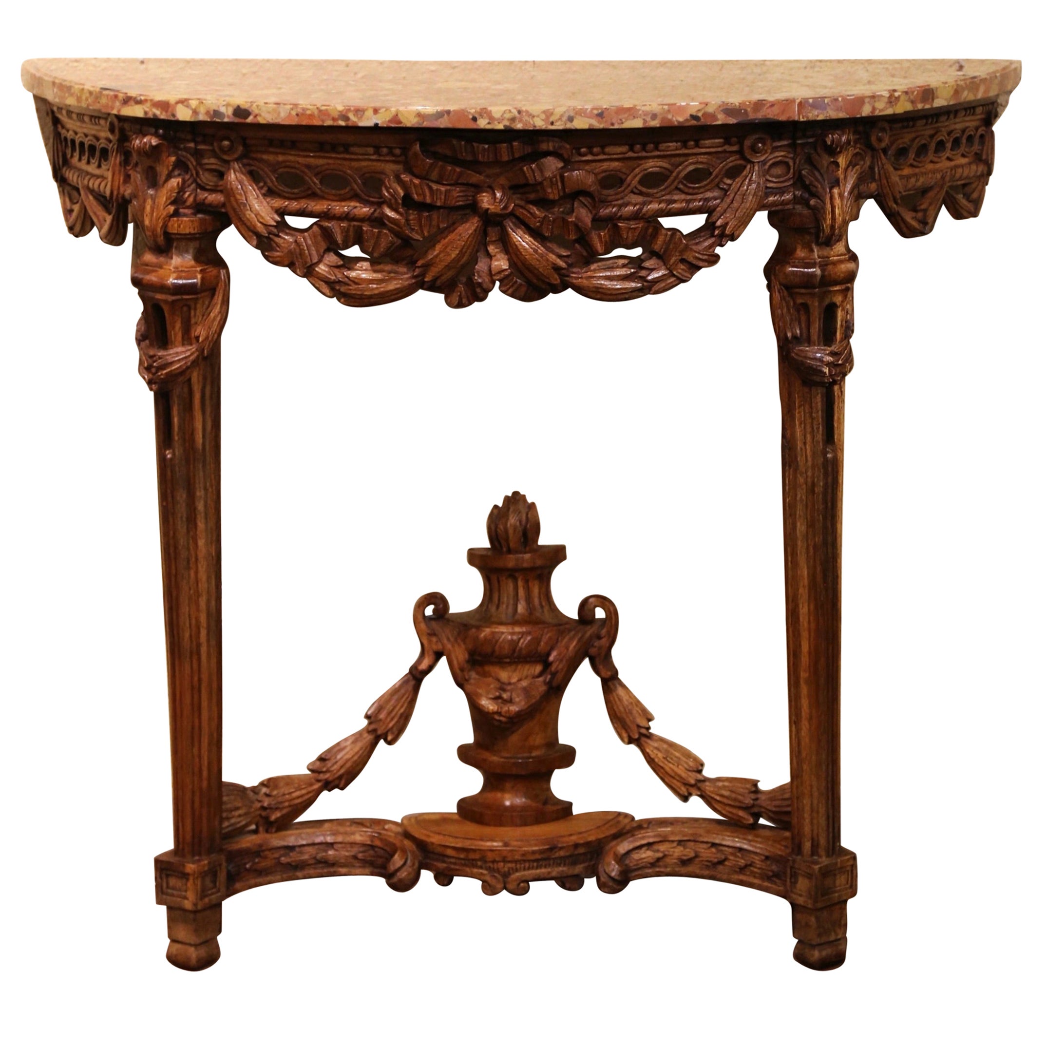 18th Century French Louis XVI Marble Top Carved Oak Demilune Console Table 
