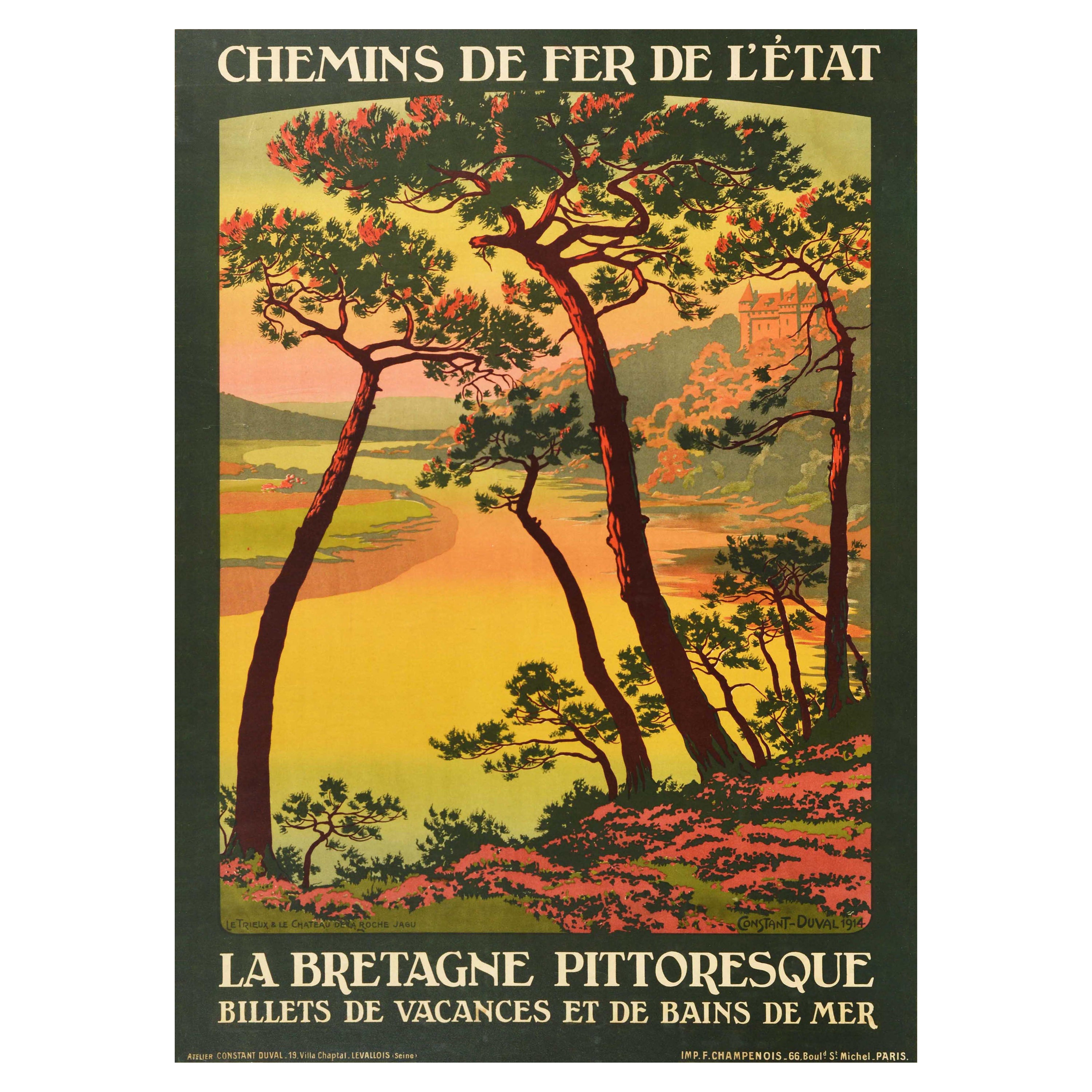Original Antique Railway Poster Brittany France Bretagne Pittoresque Travel Art For Sale