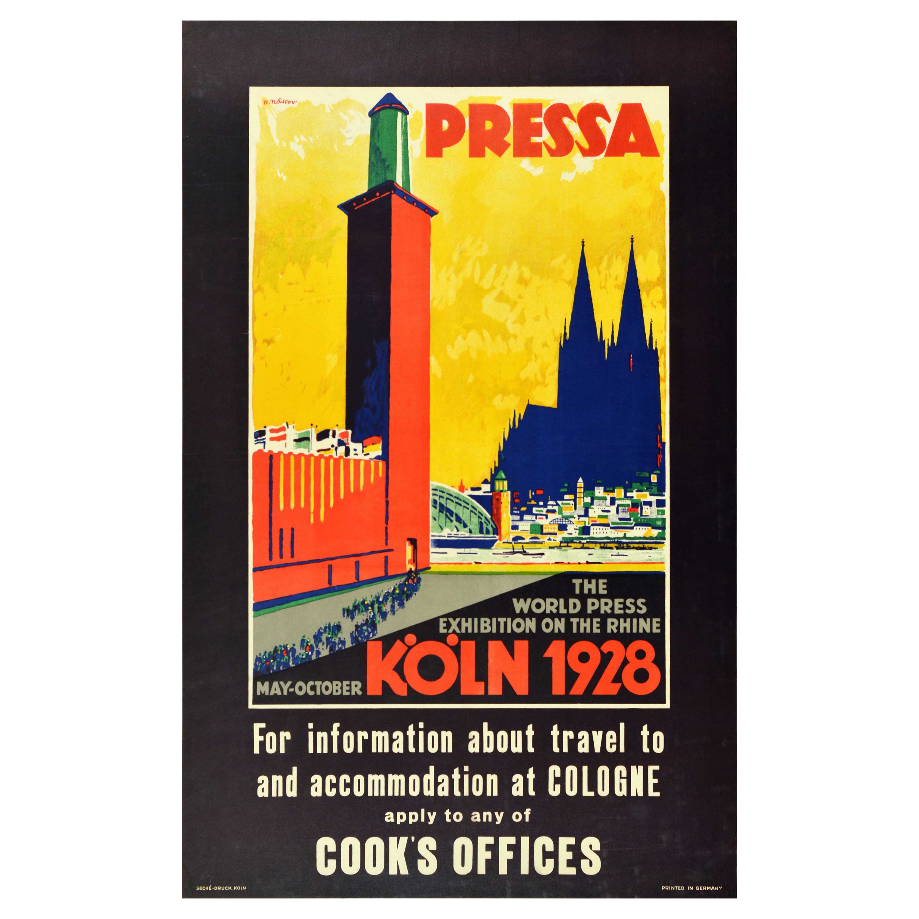 Affiche rétro originale Pressa Koln 1928 Exposition universelle de presse sur le Rhin de Cologne en vente