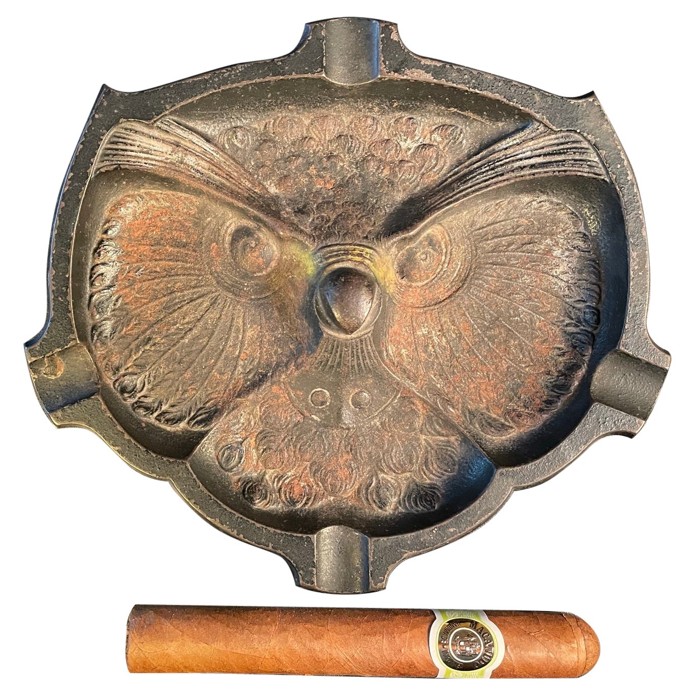 Japanese Unique Old Owl Face Cigar Stogie Tray For Sale