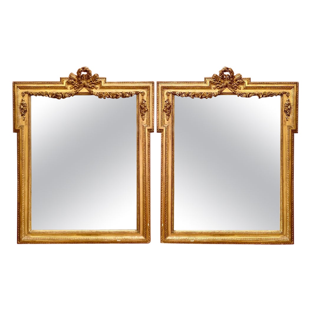 Pair Antique French Louis XVI Gold Carved Wood Mirrors, circa 1890's