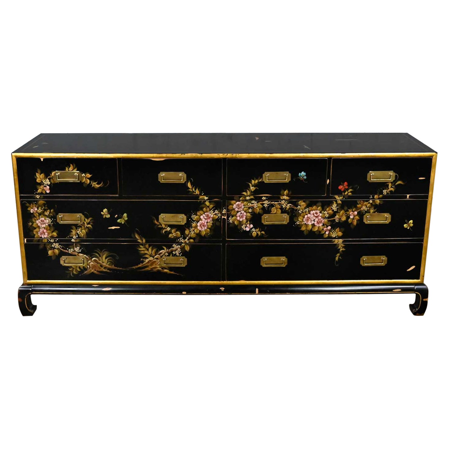 Vintage Union National Chinoiserie Dresser Black W/ Floral Design & Distressing