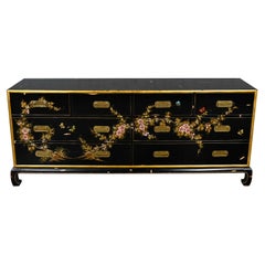 Commode noire vintage Union National Chinoiserie avec motif floral et patine