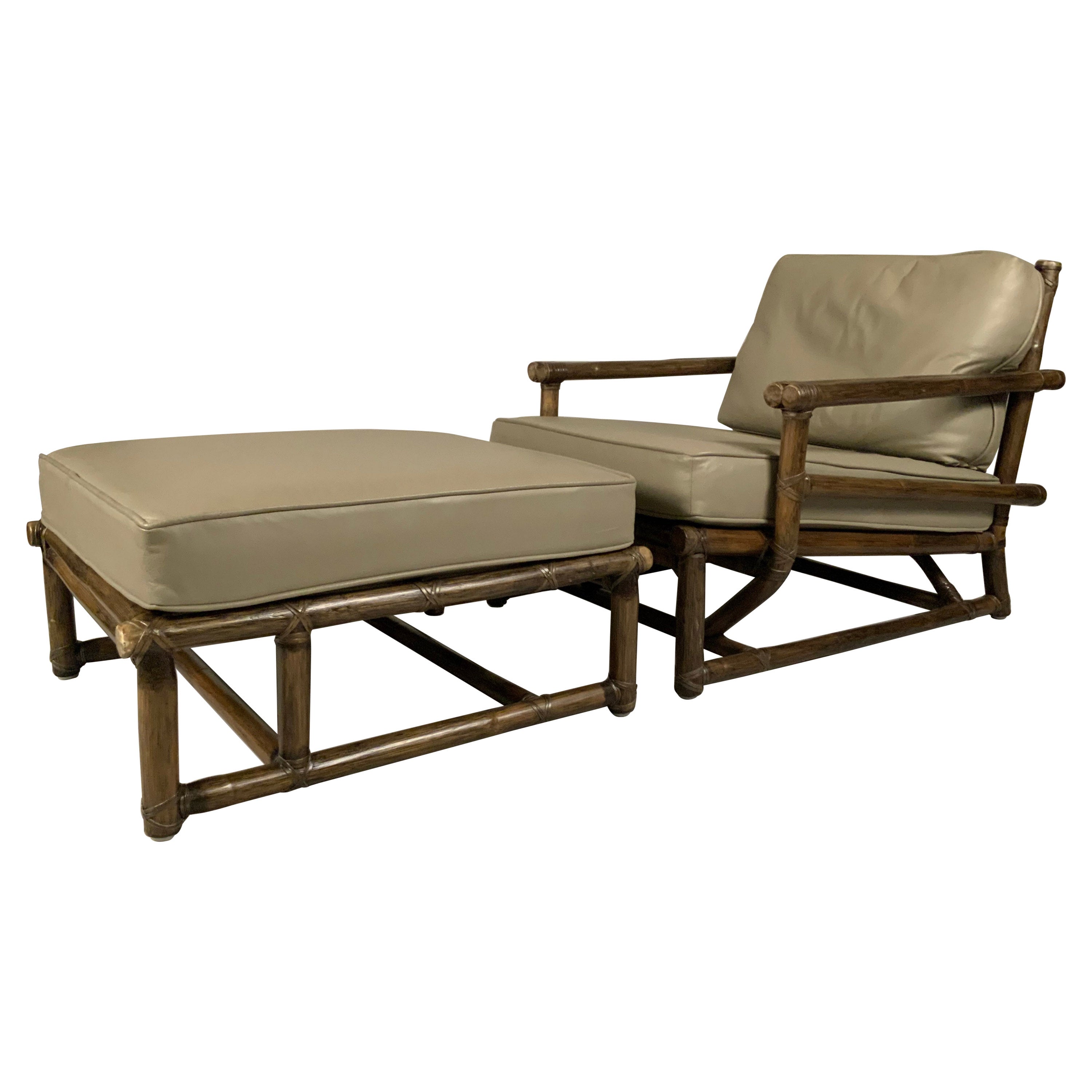 Rattan and Leather Lounge Chair & Ottoman by McGuire