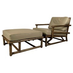 Retro Rattan and Leather Lounge Chair & Ottoman by McGuire