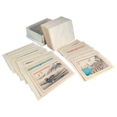 Vintage Japan Complete Set 55 Old Woodblock Postcards Ukiyoe Tokaido Road, Original Box