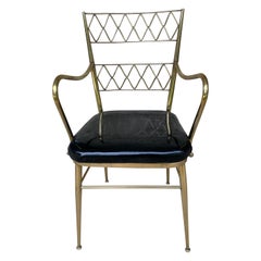 Vintage Brass Arm Chair with Black Patent Leather Seat in the Style of Jean Royere