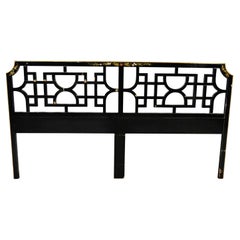 Union National Chinoiserie Fretwork King Headboard Black Floral Design Distress