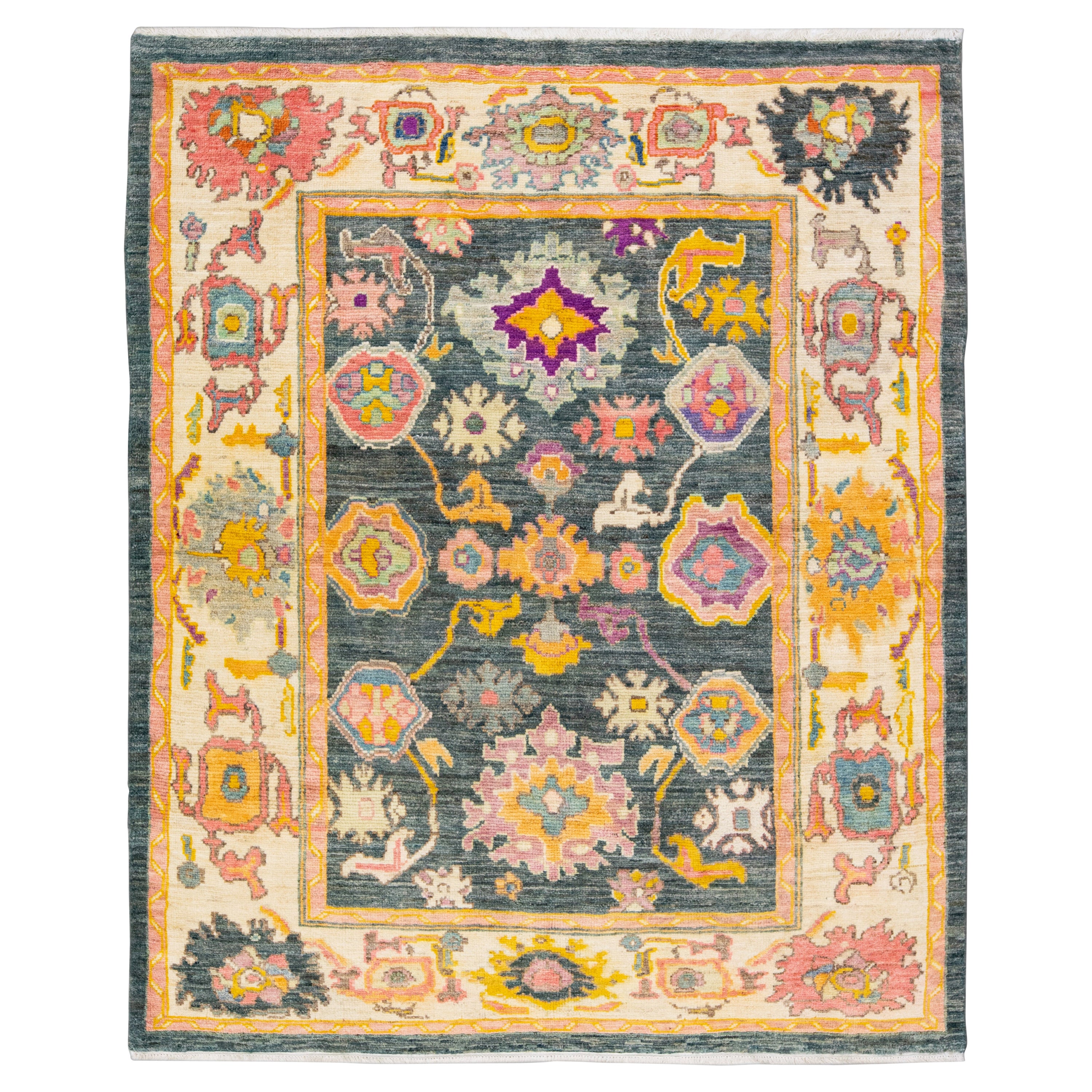 Brown Modern Oushak Handmade Wool Rug With Floral Design For Sale at