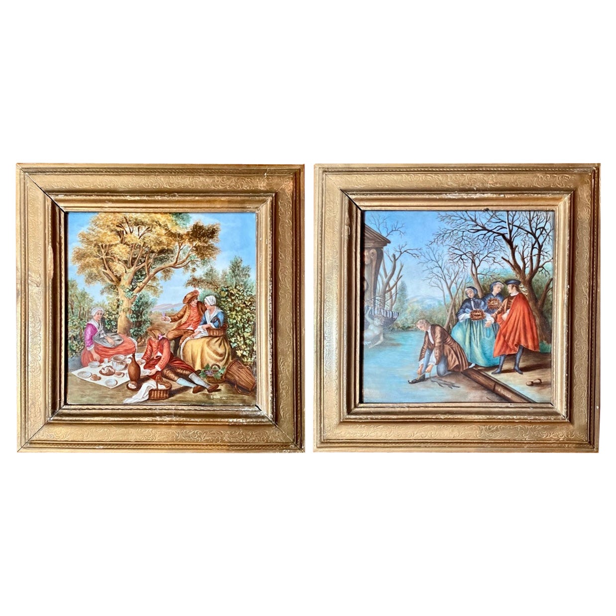 Pair Antique Italian Framed Hand-Painted Porcelain Tiles, circa 1900