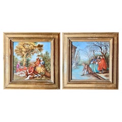 Pair Antique Italian Framed Hand-Painted Porcelain Tiles, circa 1900