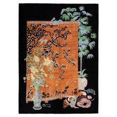 Vintage Modern Chinese Art Deco Style Brown Handmade Floral Designed Wool Rug